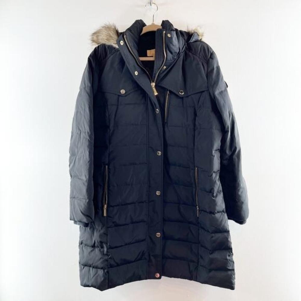 Michael Kors Dark Puffer Coat with Fur Trim
